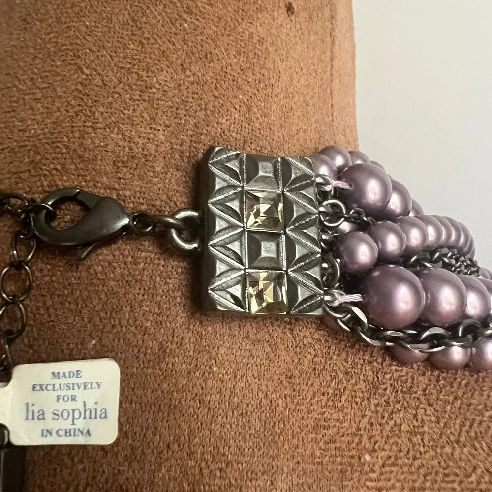 Lia Sophia Multi Strand Purple Glass Pearl Necklace Gunmetal Chain 15-18
